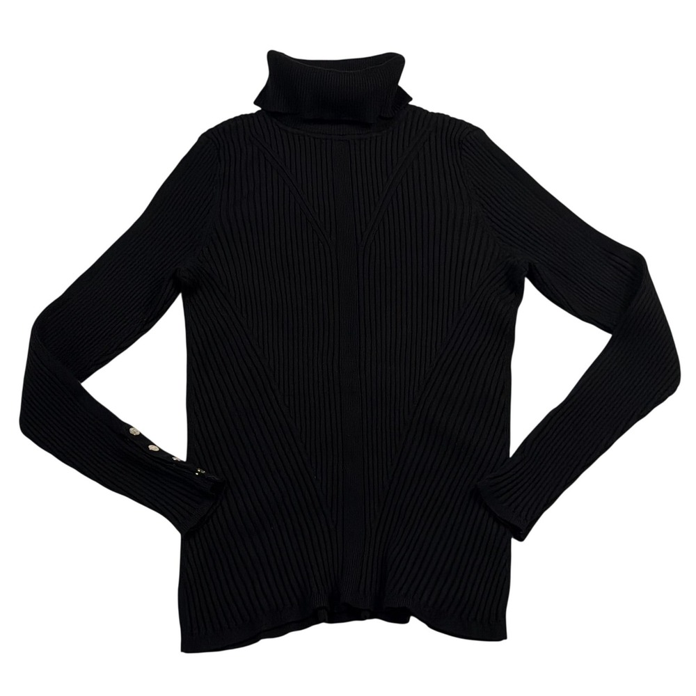 White House Black Market Turtleneck‎ Sweater Black Ribbed Button Cuff XL Women